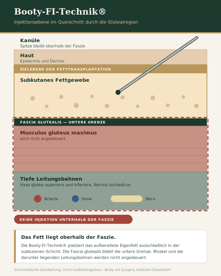 Schemazeichnung im Querschnitt durch die Glutealregion: die Kanüle der Booty-FI-Technik® endet im subkutanen Fettgewebe oberhalb der Fascia glutealis, Muskel und tiefe Leitungsbahnen liegen innerhalb der rot markierten Sperrzone